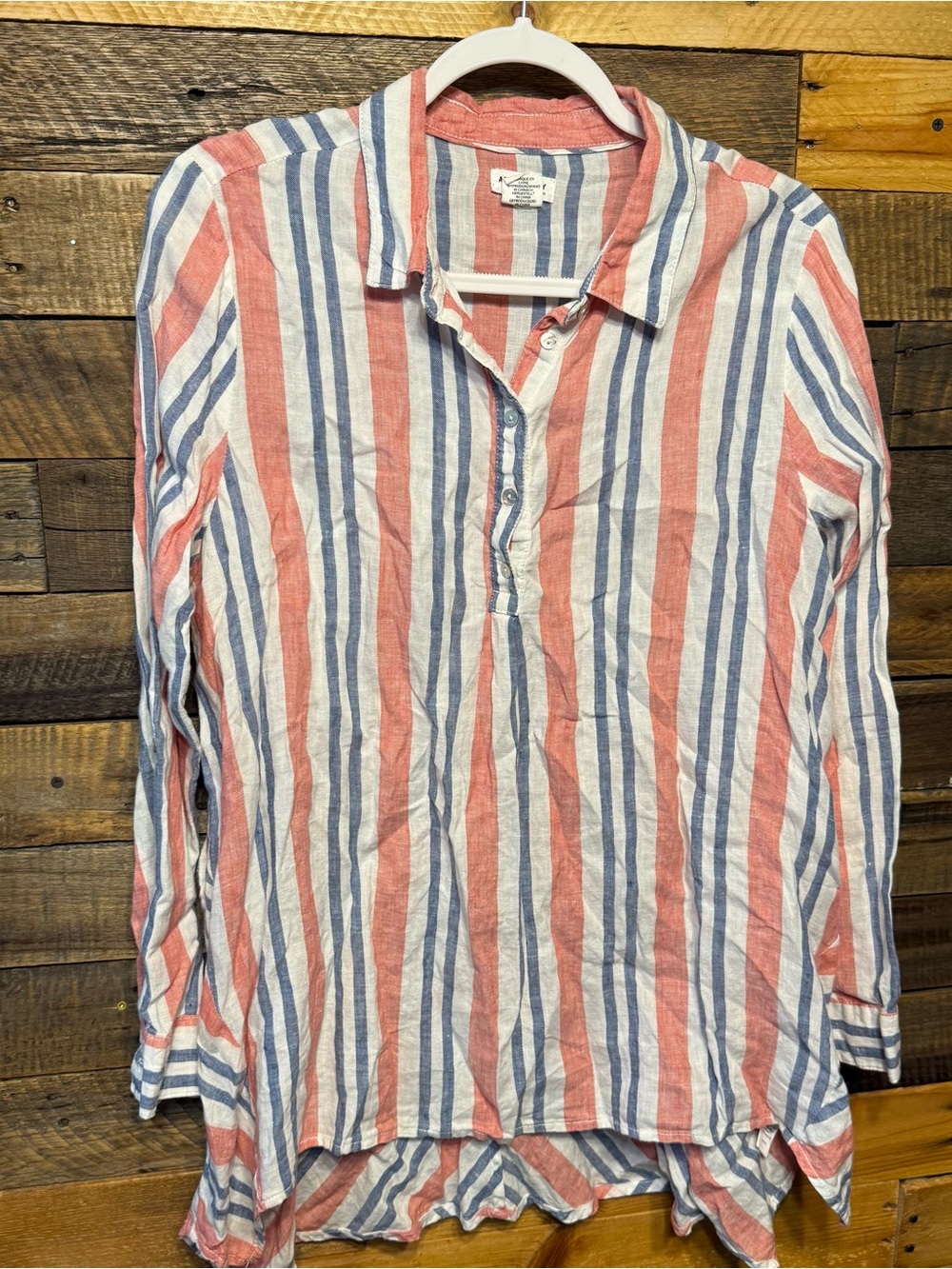 Artisan NY Womens Large Red White Blue Linen Popover Long Sleeve Thin Tunic Top